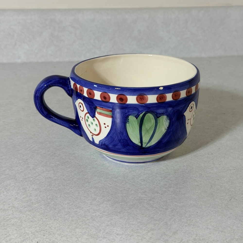 Hand Painted Ceramic Folk Art Chicken Soup Mug Cobalt Blue Oversized Cup
